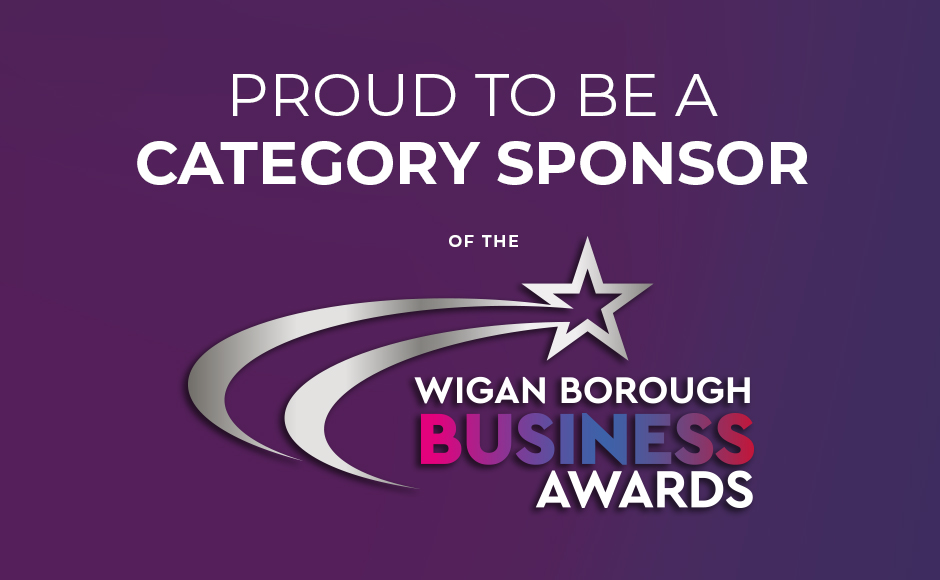 A purple graphic states, 'Proud to be a category sponsor of the Wigan Borough Business Awards' with a silver star and arc logo.