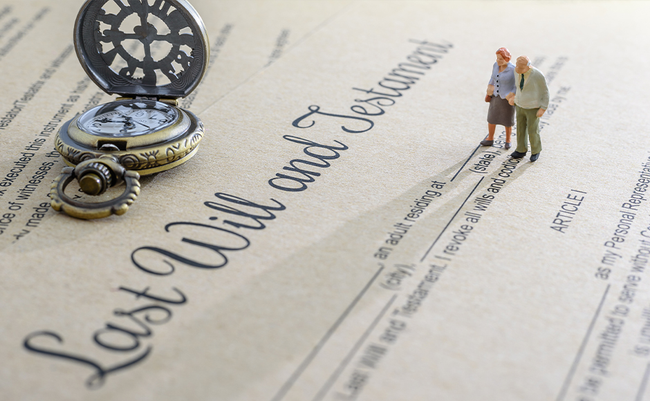 A close-up of a 'Last Will and Testament' document features a vintage pocket watch and miniature figurines of an elderly couple, symbolizing time and legacy.